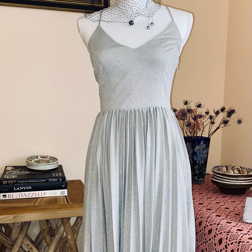 Petite Elevenses Silver Metallic Luna Pleated MIDI Wedding Dress Bridesmaid Prom